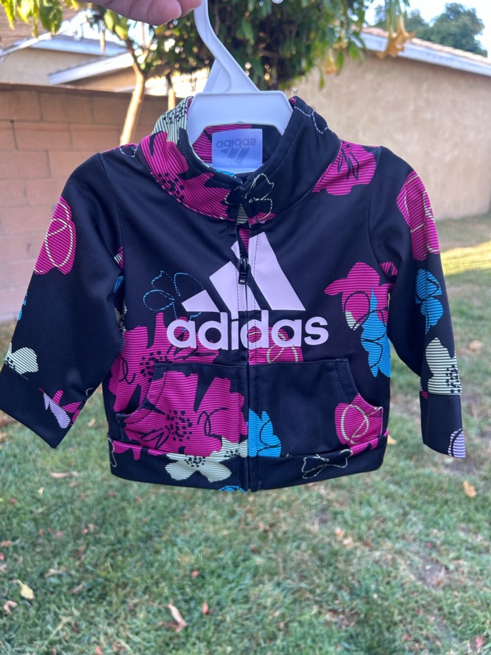 adidas Black Hoodie Jacket with Pink, Blue & Yellow Floral Print
